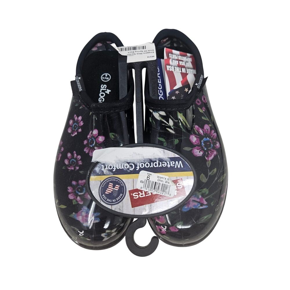 NEW Sloggers 6 Black Purple Floral Flower Garden Clog Waterproof Rubber Utility
